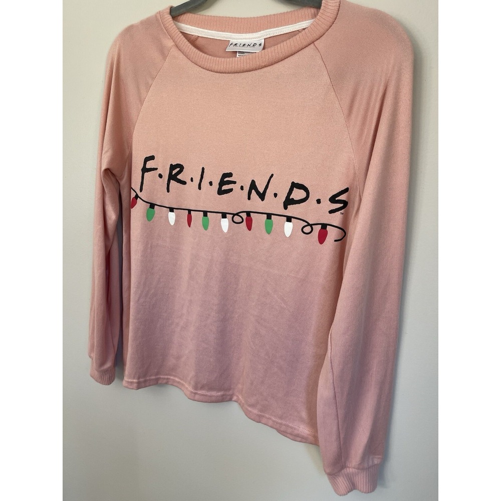 Friends TV Show Holiday Lights Sleep Top Pink Long Sleeve Raglan Shirt Small - Picture 2 of 4